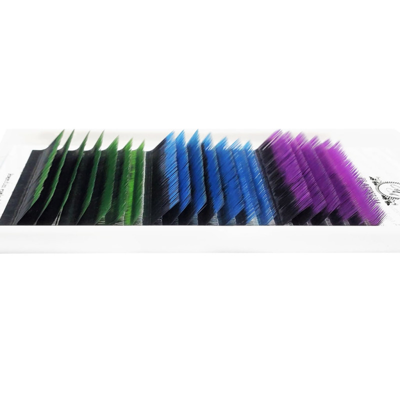 Eyelash Extensions Color Ombre MIX (Purple/Blue/Green) PLATINUM Curl L 0.10 8–13mm